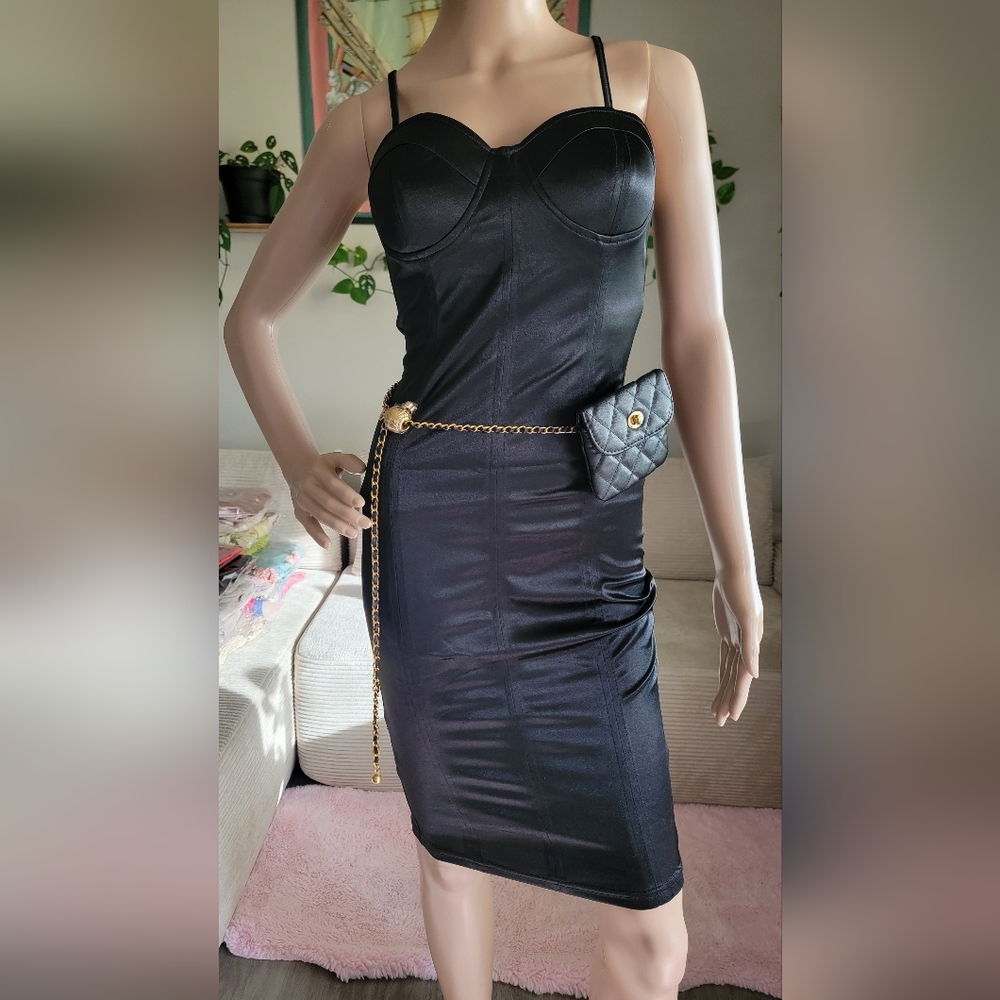 Classy Black Satin Dress And Small Pouch Belt Bag